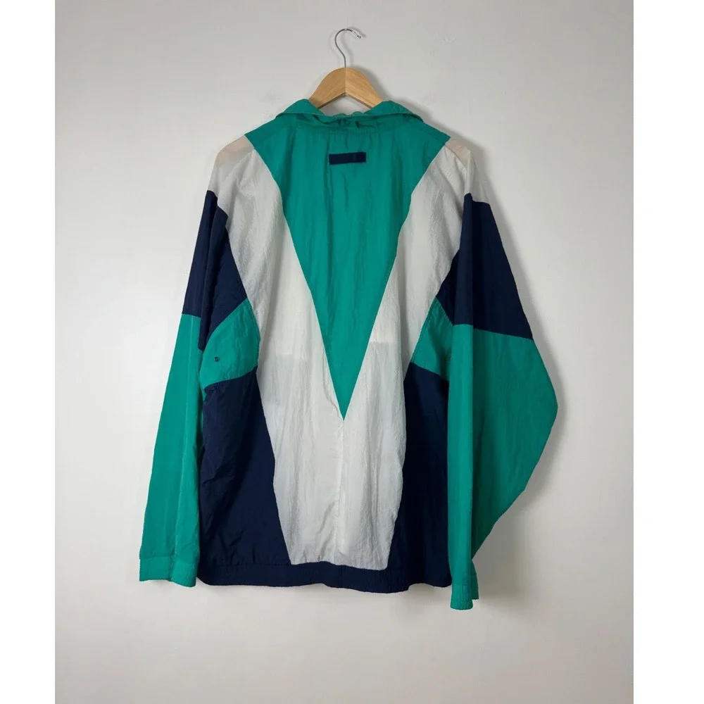 90s Sportime Actionwear Mens 2XLXT Windbreaker Teal White Navy Colorblock Jacket